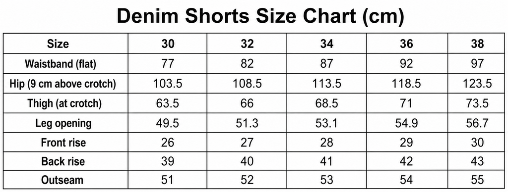 Men's denim shorts English size chart in centimeters