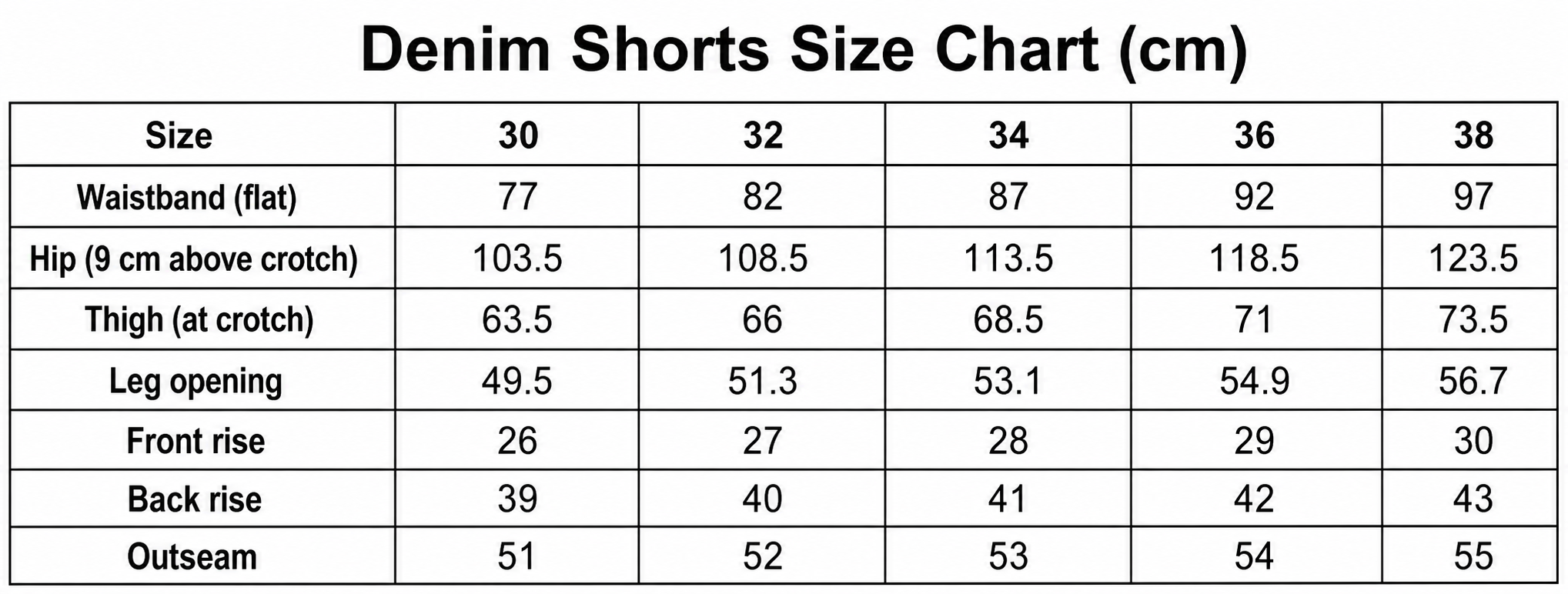 Men's denim shorts English size chart in centimeters