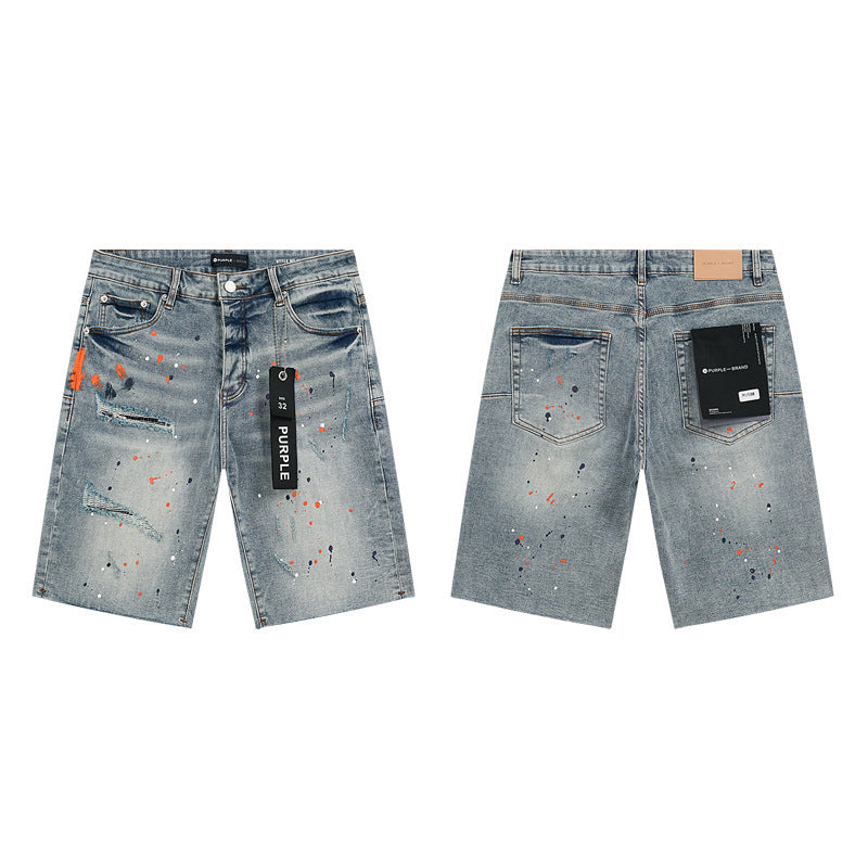 GMABCD Men's Vintage Distressed Patchwork Denim Shorts – Straight-Leg Streetwear – product view 3