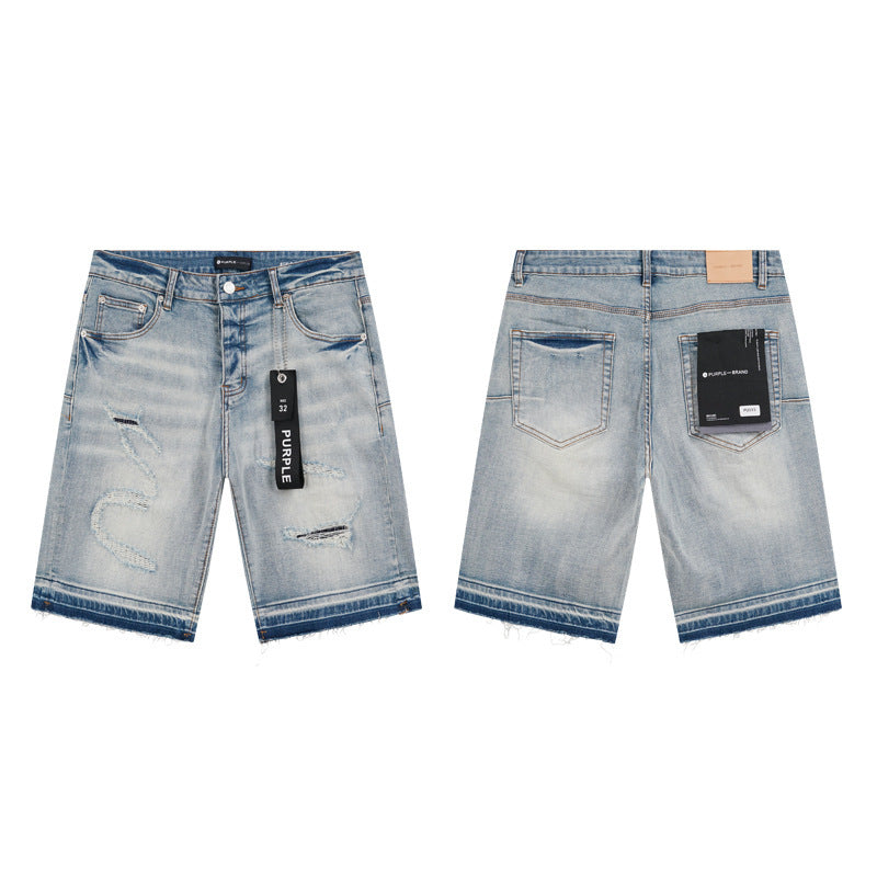 GMABCD Men's Vintage Distressed Patchwork Denim Shorts – Straight-Leg Streetwear – detail view 6