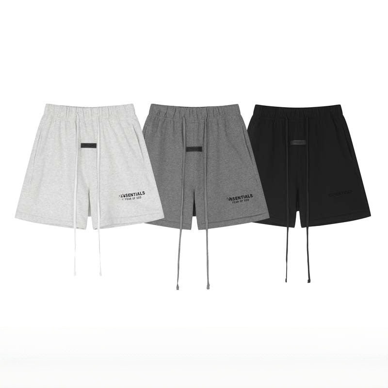 Men's casual high street shorts with double line small icon flocking and drawstring waist