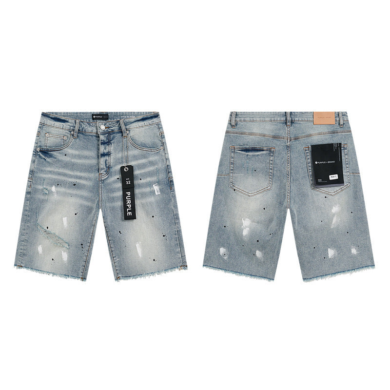 GMABCD Men's Vintage Distressed Patchwork Denim Shorts – Straight-Leg Streetwear – detail view 7