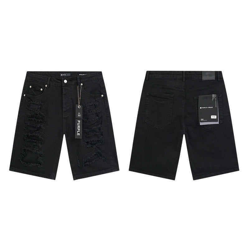 GMABCD Men's Vintage Distressed Patchwork Denim Shorts – Straight-Leg Streetwear – detail view 11