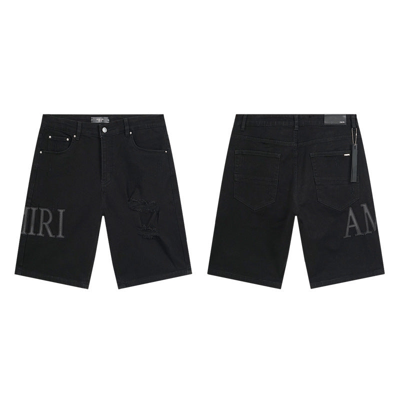 GMABCD Men's Vintage Distressed Patchwork Denim Shorts – Straight-Leg Streetwear – detail view 13