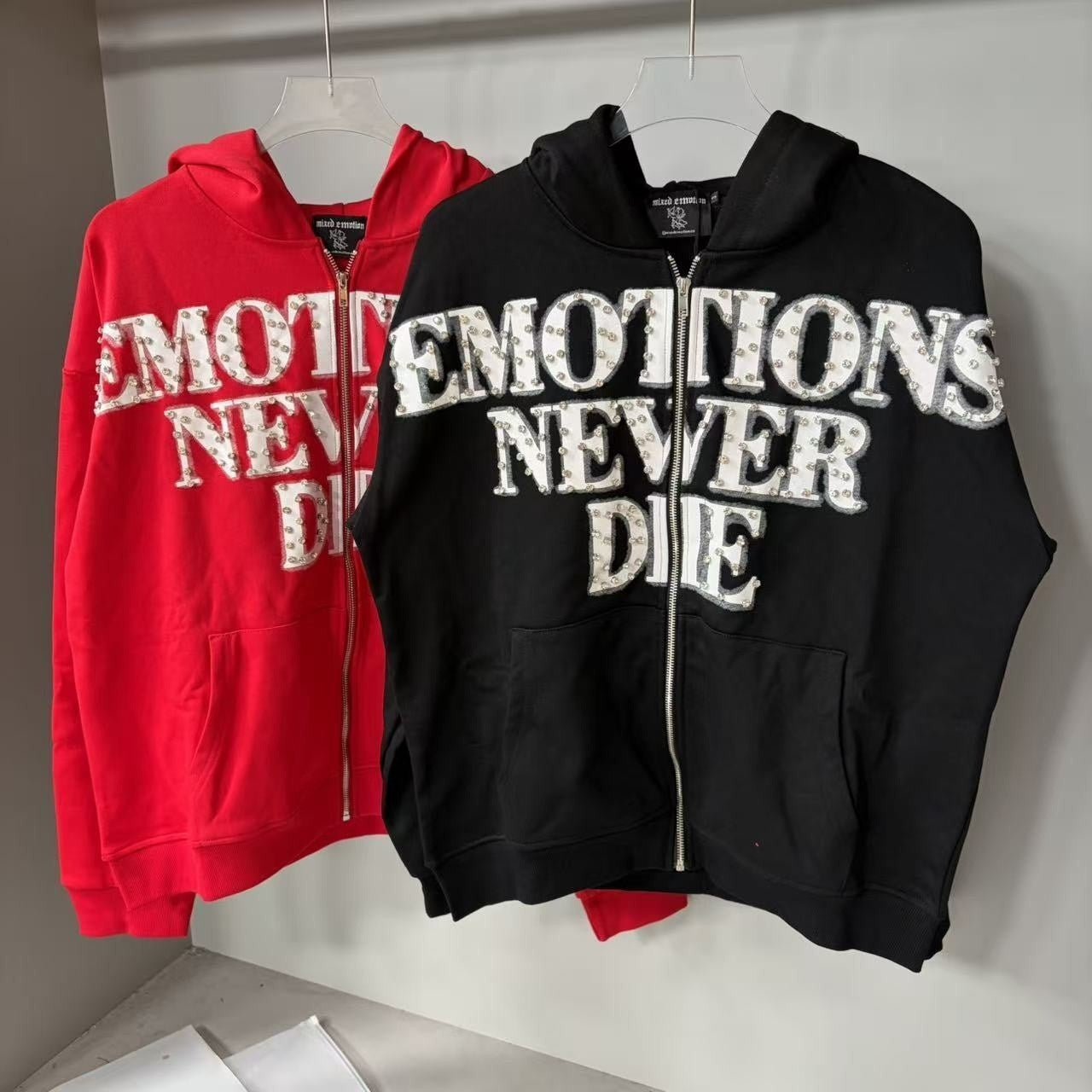 MIXED EMOTION rhinestone letter zip hoodie g5