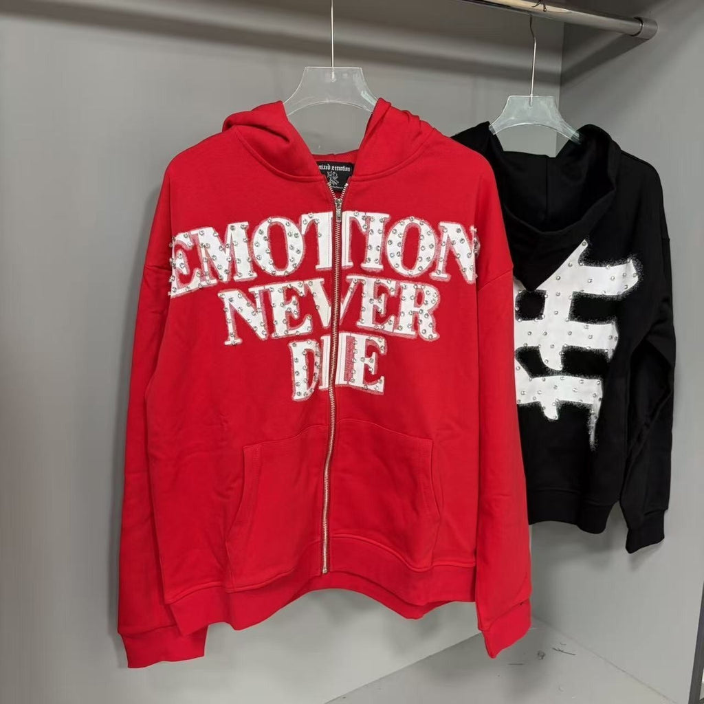 MIXED EMOTION rhinestone letter zip hoodie red