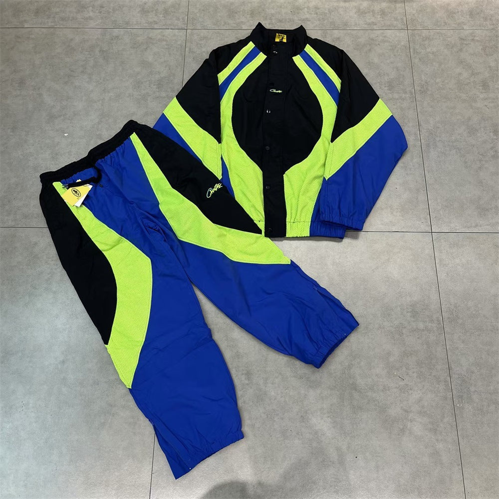 Men's New Corteiz Suit with embroidered logo, thin long pants, and zipper detail for spring sportswear