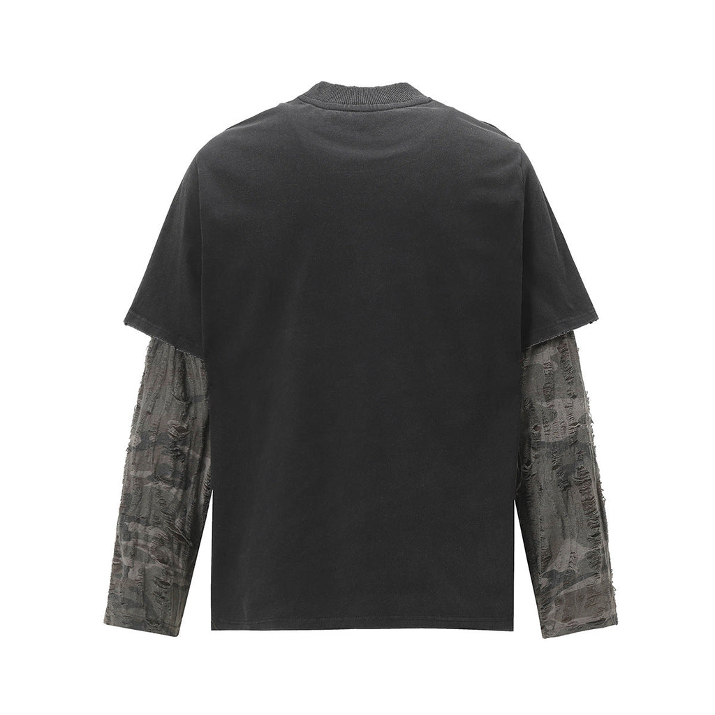 Unisex washed distressed layered long-sleeve T-shirt image 2