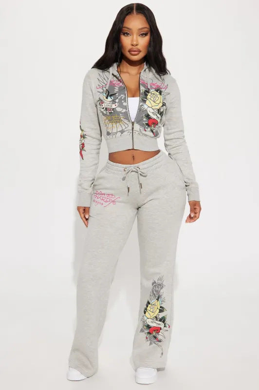 Women's Graphic Zip Hoodie & Jogger Pants Set – Casual Streetwear Tracksuit image 8