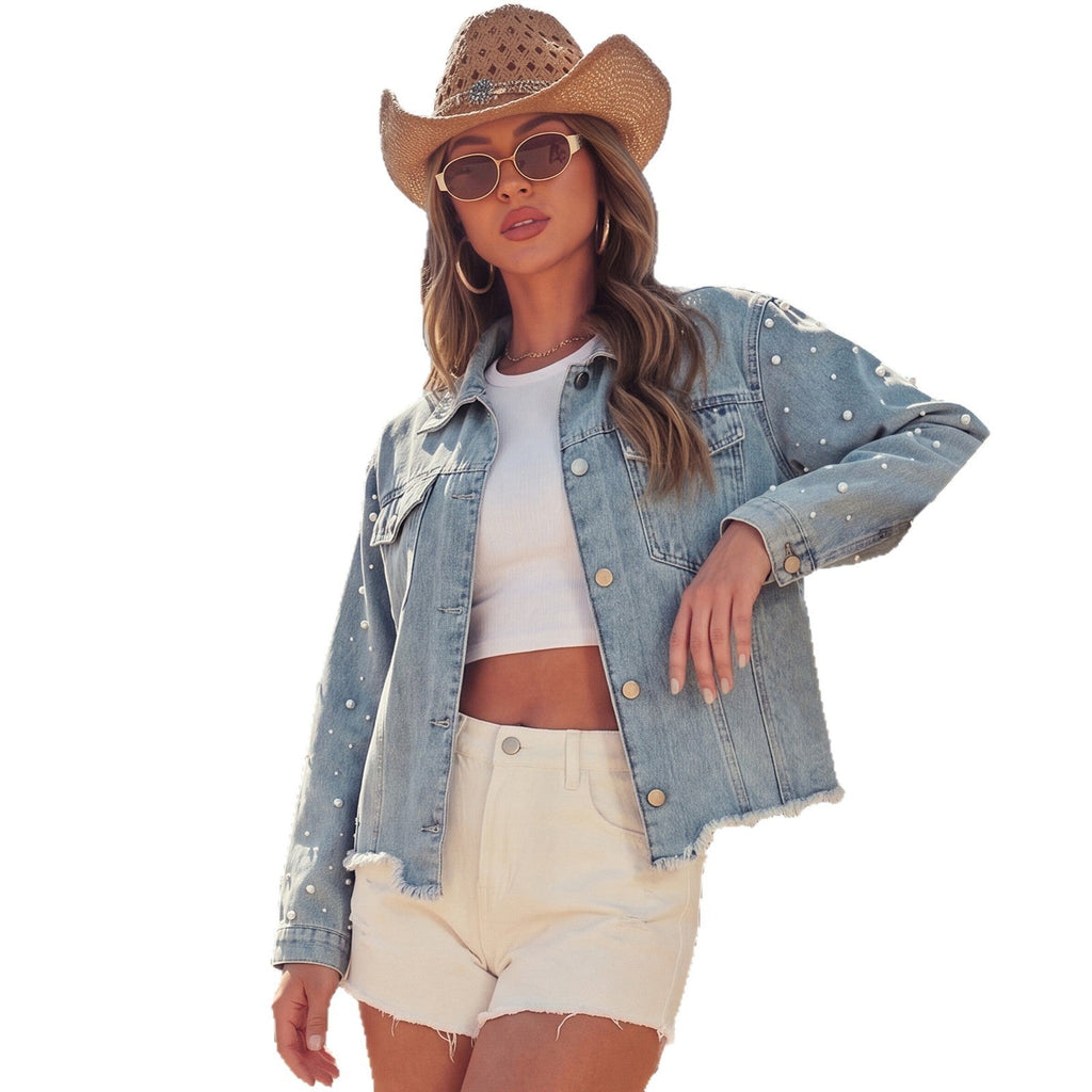 Women's Pearl-Embellished Denim Jacket – Metal Buttons & Frayed Hem image 5