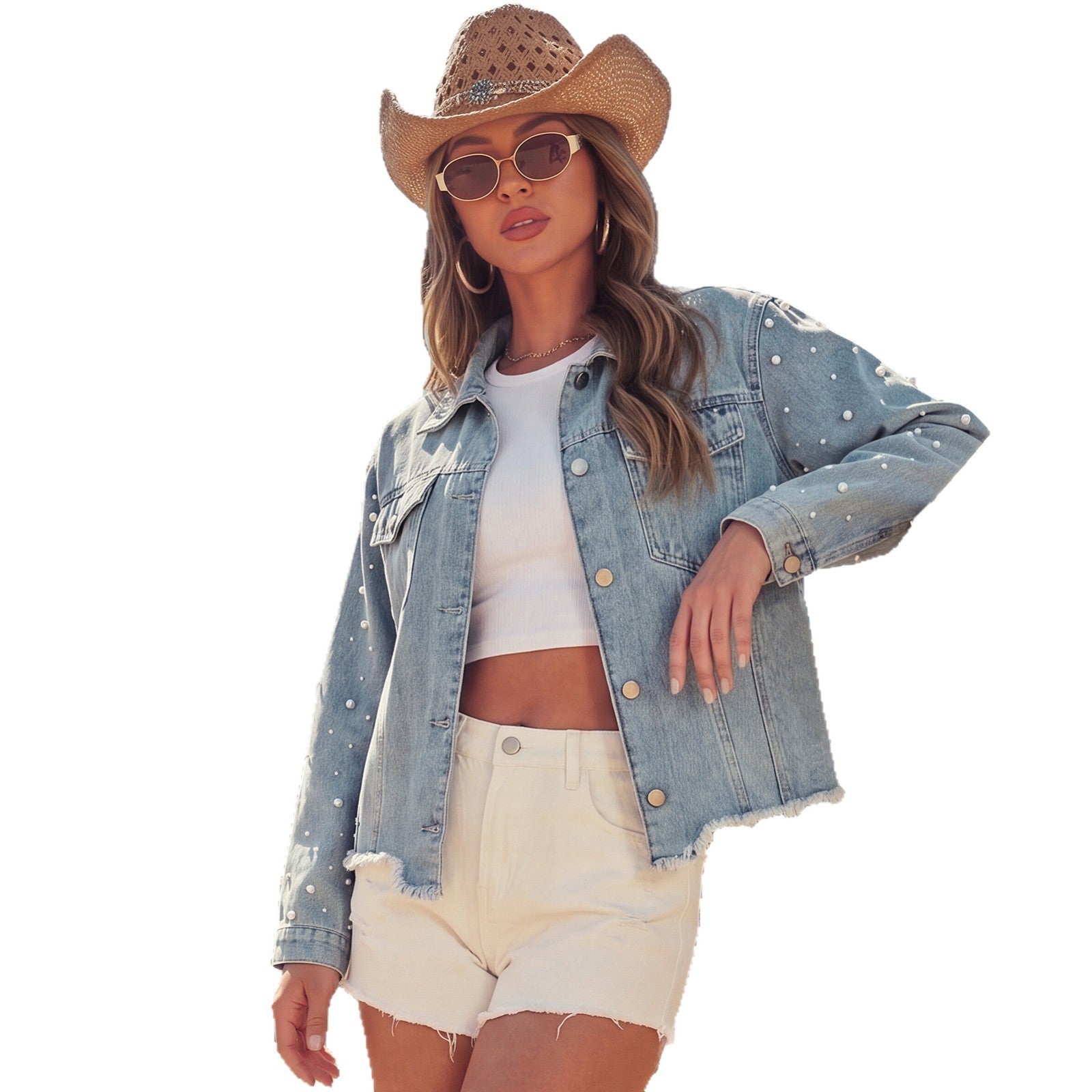 Women's Pearl-Embellished Denim Jacket – Metal Buttons & Frayed Hem image 5
