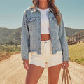 VARIANT_IMAGE::Blue | Women's Pearl-Embellished Denim Jacket – Metal Buttons & Frayed Hem
