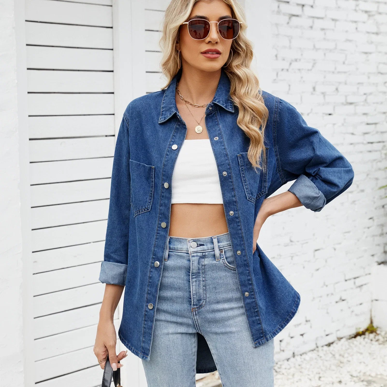Women's washed denim long-sleeve shirt image 2