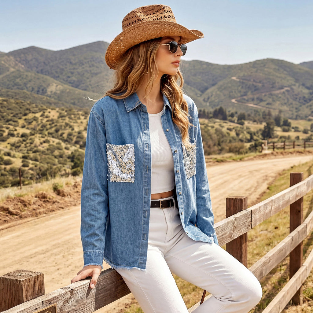 Women's Sequin Pocket Denim Shirt Jacket – Frayed Hem Oversized Fit image 4