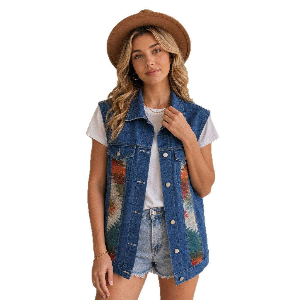 Women's Colorblock Button-Up Denim Vest – Slim Streetwear Layer image 5
