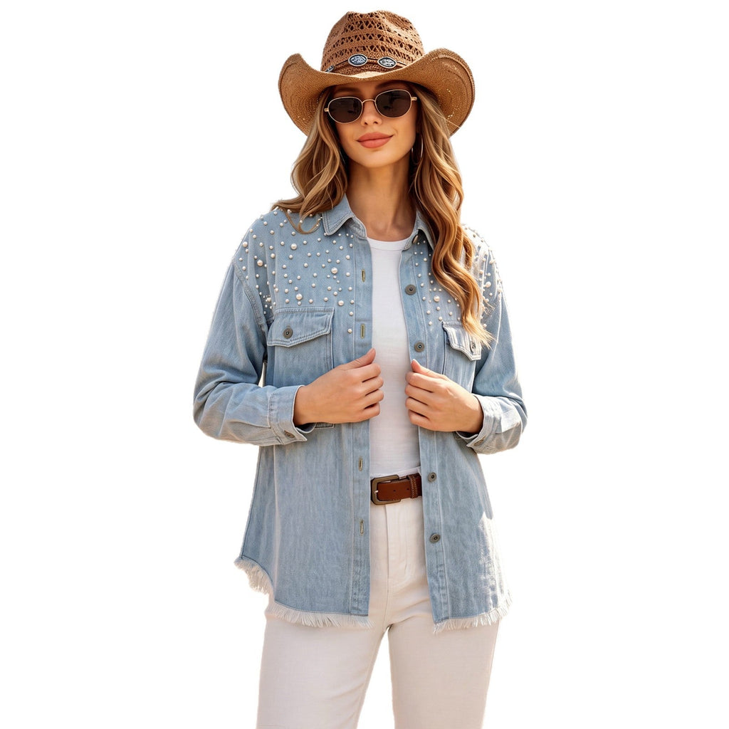 Women's Pearl-Embellished Washed Denim Utility Jacket – Frayed Hem image 5