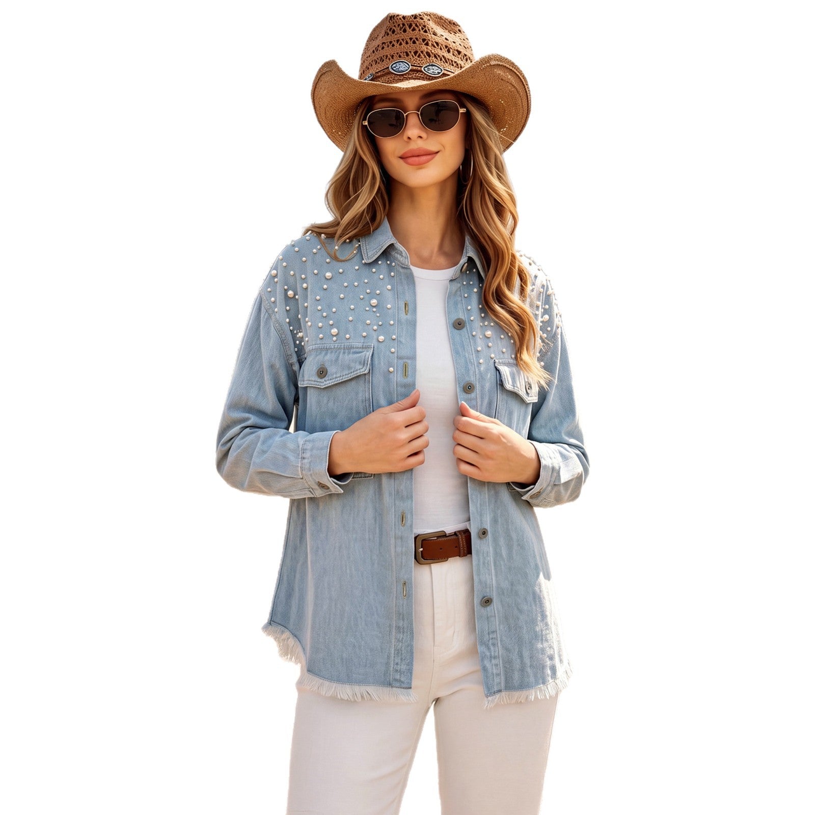 Women's Pearl-Embellished Washed Denim Utility Jacket – Frayed Hem image 5