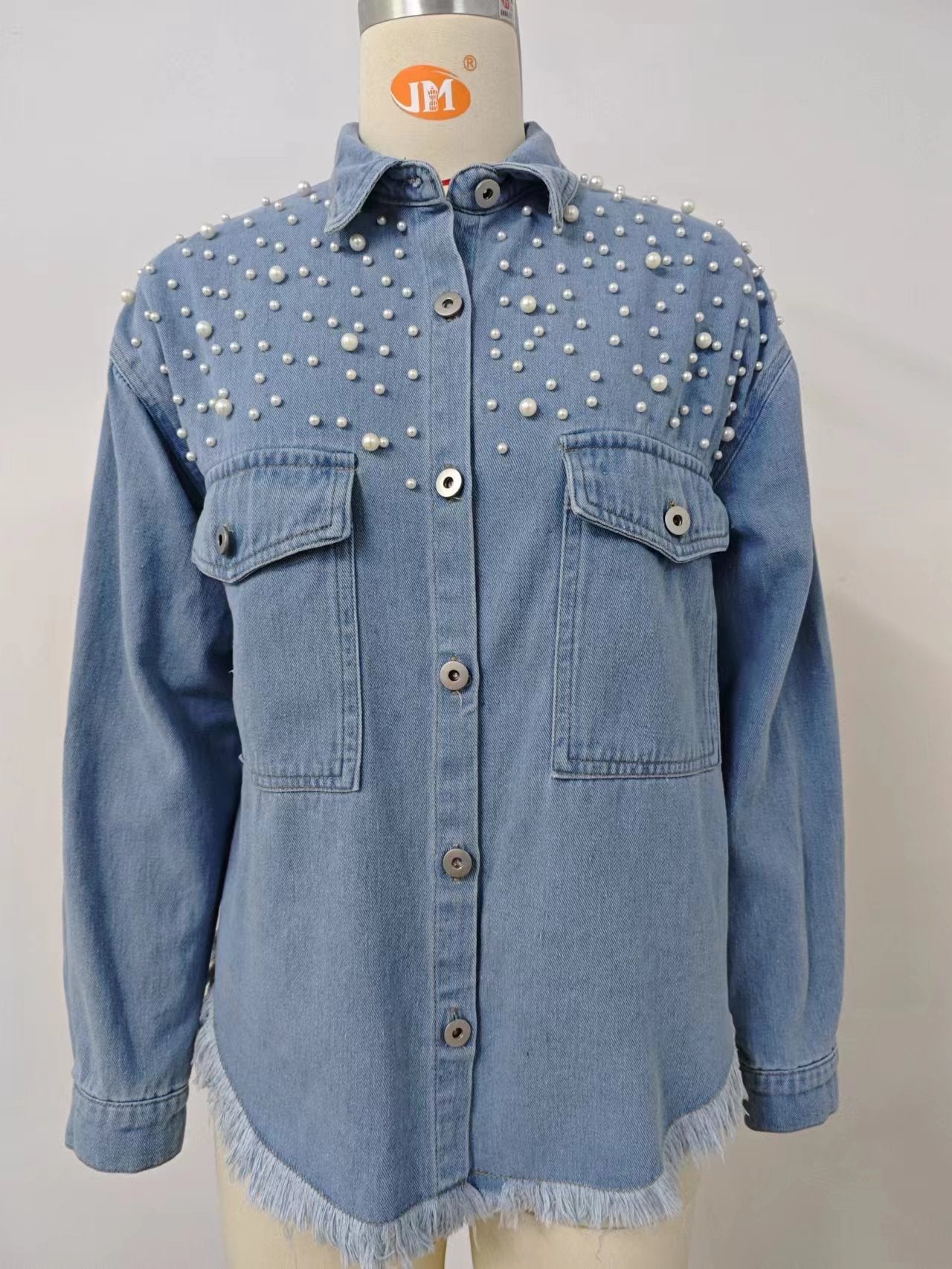 VARIANT_IMAGE::Real Photo | Women's Pearl-Embellished Washed Denim Utility Jacket – Frayed Hem