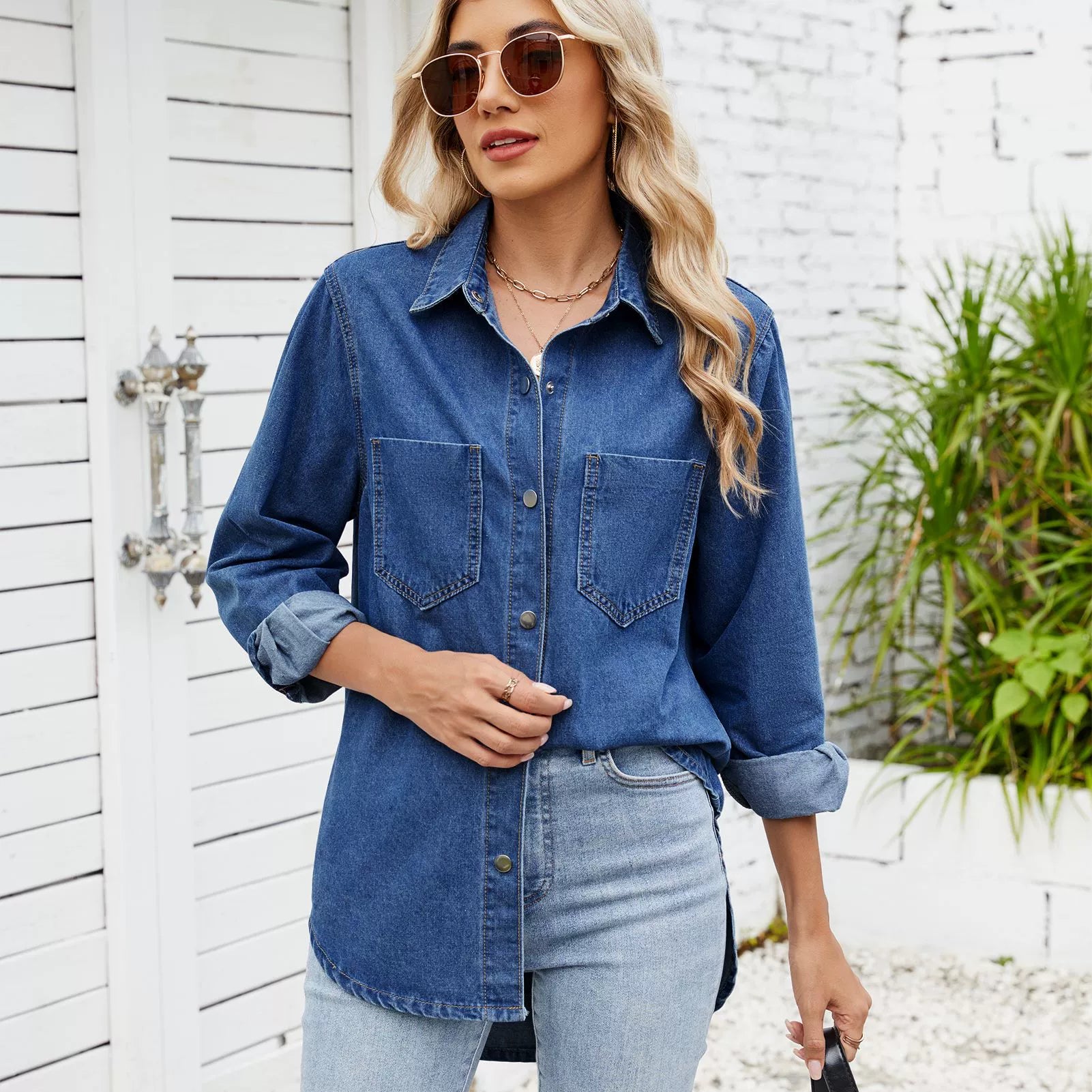 Women's washed denim long-sleeve shirt image 4