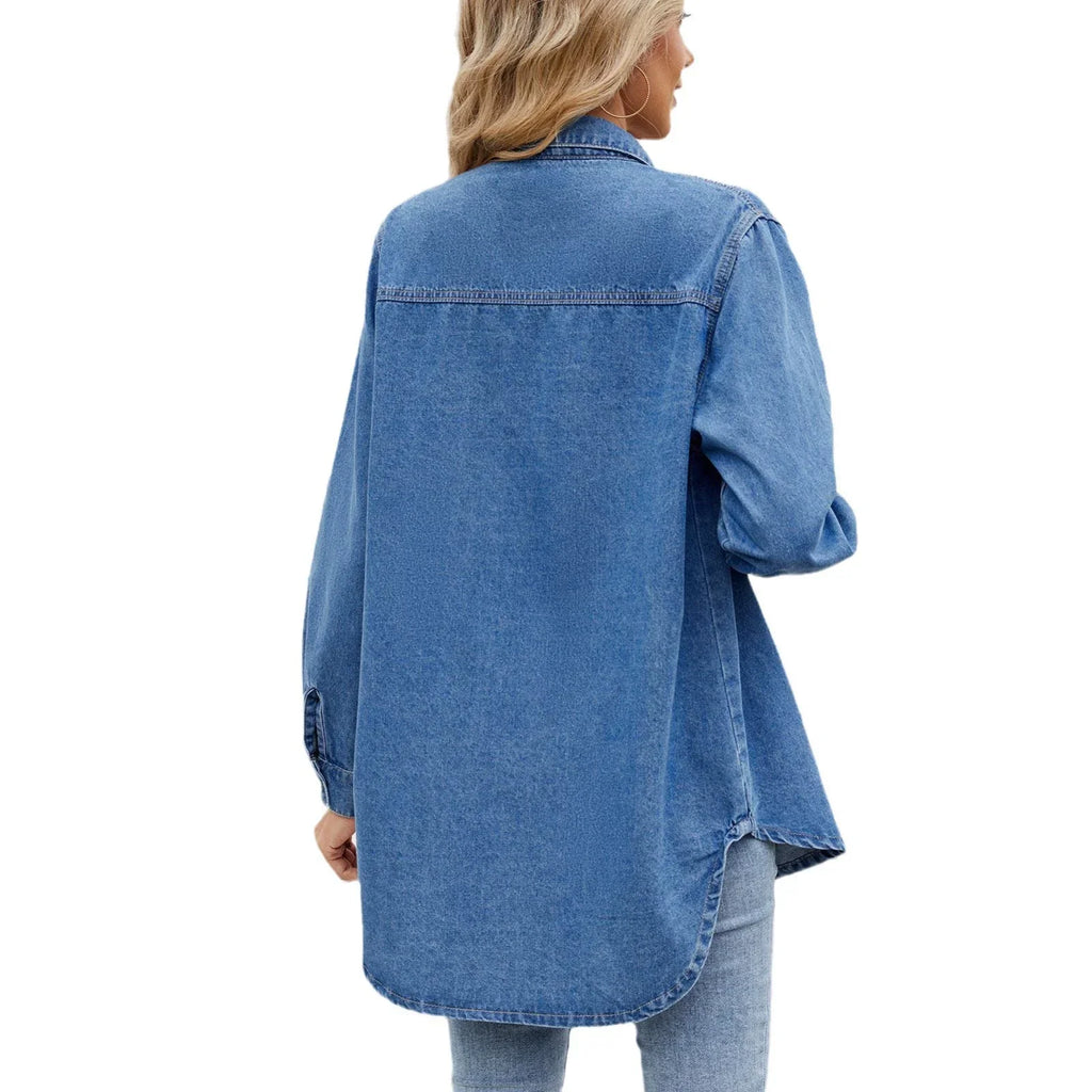 Women's washed denim long-sleeve shirt image 5