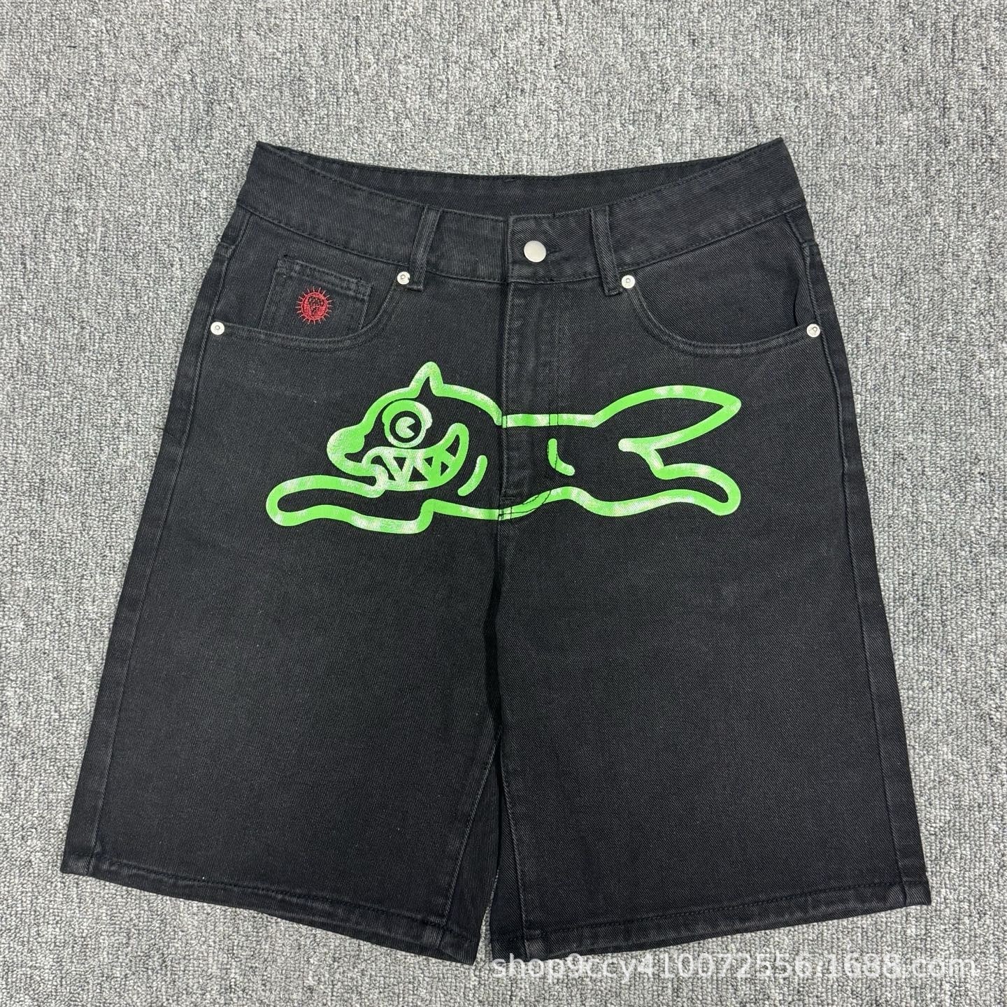 VARIANT_IMAGE::Black / Green Graphic | Dog graphic denim shorts