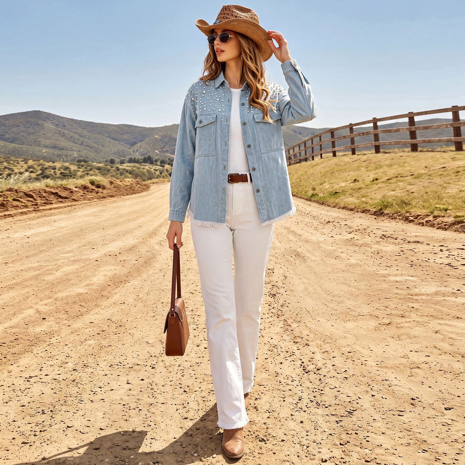 Women's Pearl-Embellished Washed Denim Utility Jacket – Frayed Hem image 6