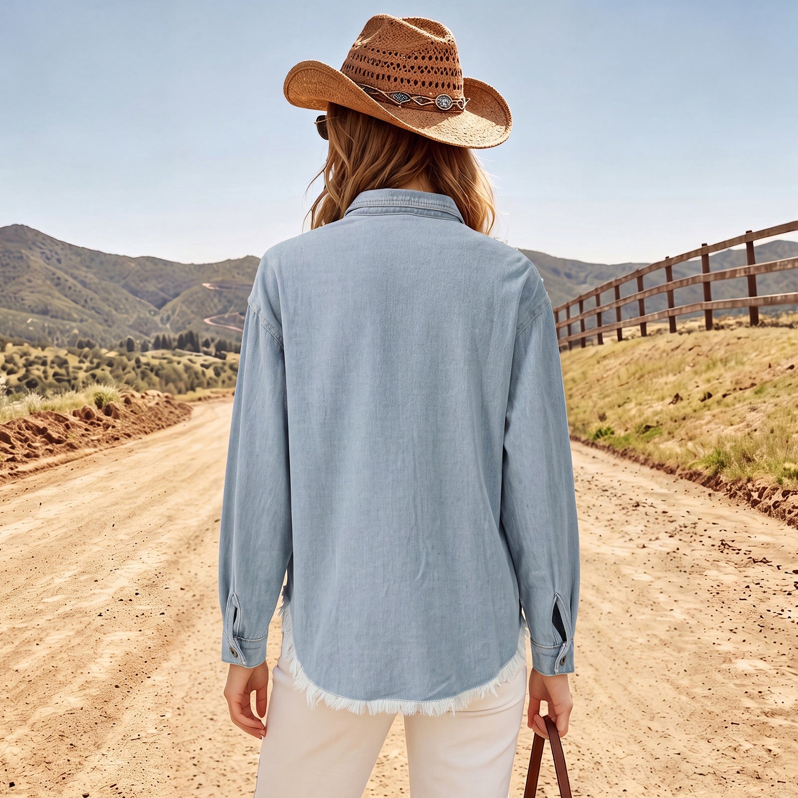 Women's Pearl-Embellished Washed Denim Utility Jacket – Frayed Hem image 2
