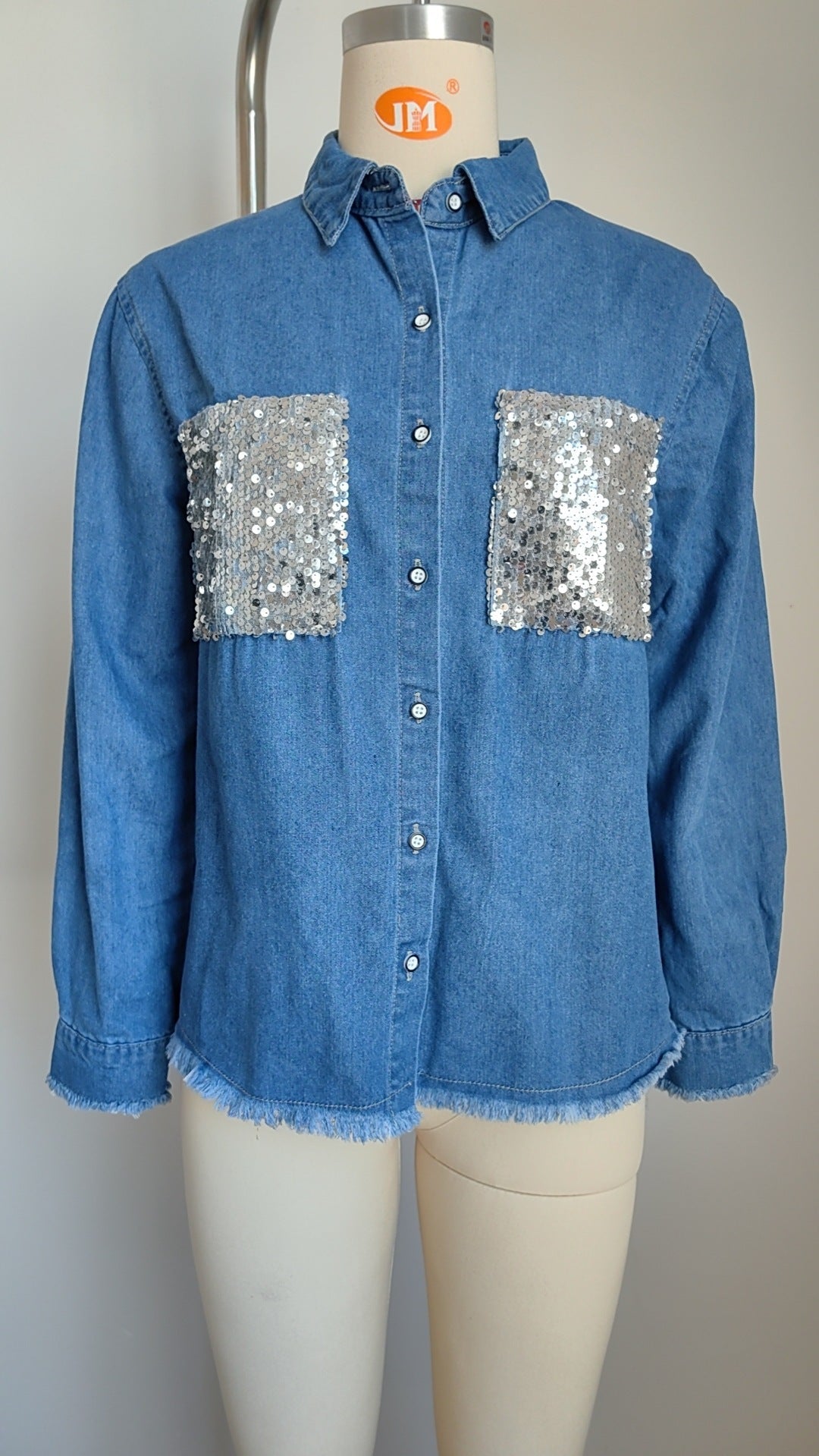 VARIANT_IMAGE::Real Photo | Women's Sequin Pocket Denim Shirt Jacket – Frayed Hem Oversized Fit