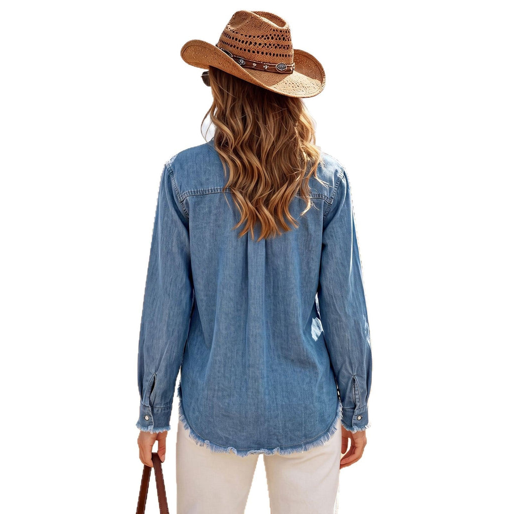 Women's Sequin Pocket Denim Shirt Jacket – Frayed Hem Oversized Fit image 5