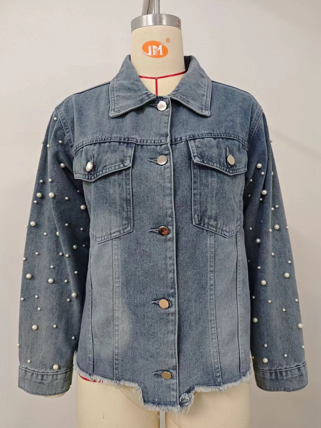 VARIANT_IMAGE::Real Photo | Women's Pearl-Embellished Denim Jacket – Metal Buttons & Frayed Hem