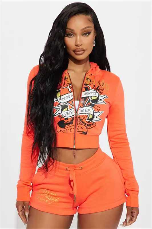 Orange graphic zip hoodie and drawstring shorts outfit