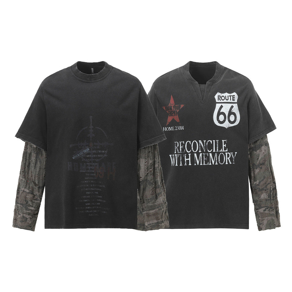 Unisex washed distressed layered long-sleeve T-shirt image 5