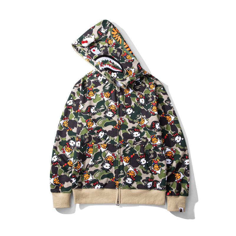 Men's Sweatshirt Shark Cartoon Camouflage Hello Kitty Casual Loose Hooded Top Women's Jacket