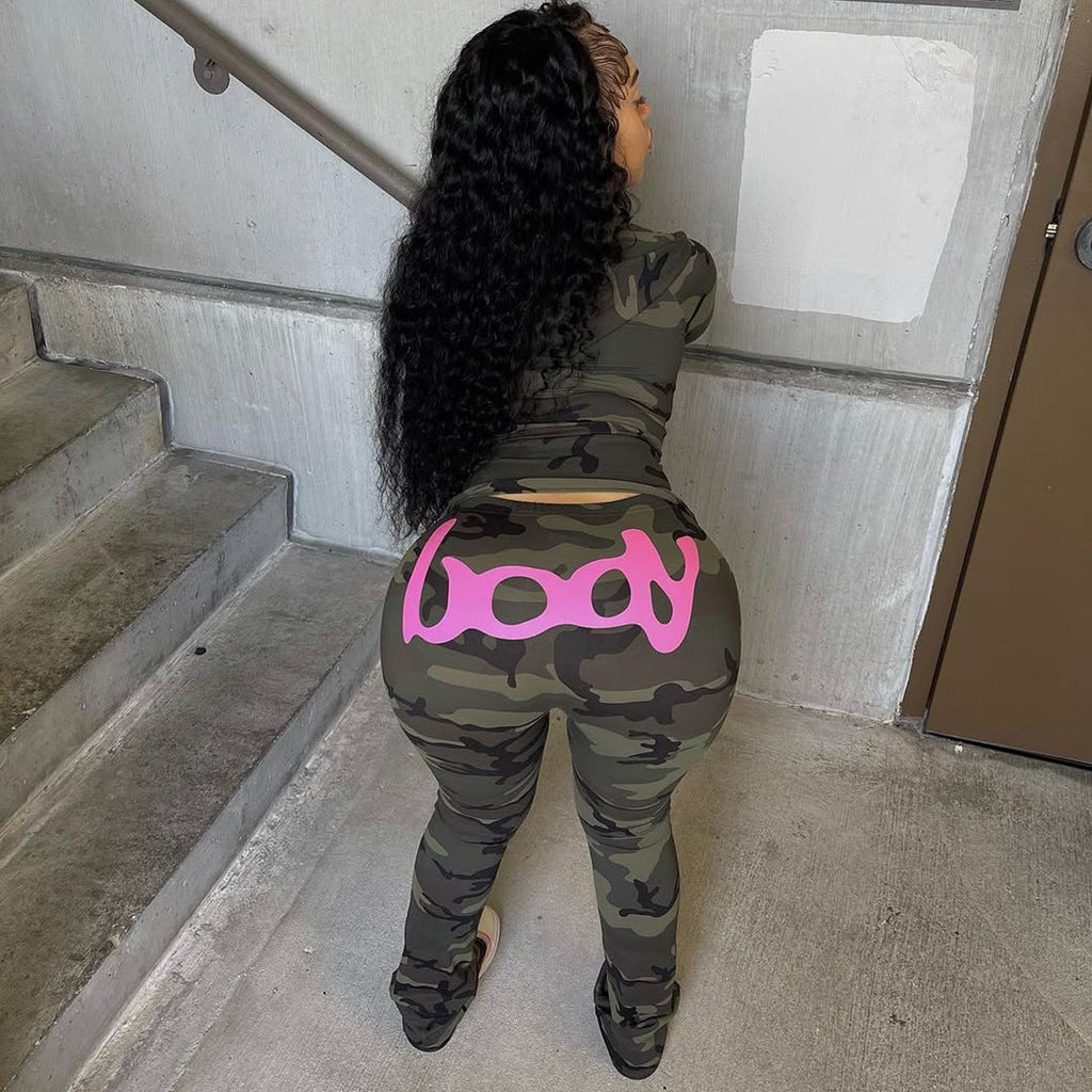 2025 Autumn Women's New Fashion Hooded Camouflage Print Long Sleeve Sports Trendy Slim Fit Long Pants Two-Piece Set